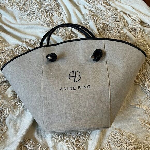 ANINE BING Taylin Linen Tote Bag Beige Brown Silver Hardware NEW - Picture 5 of 10